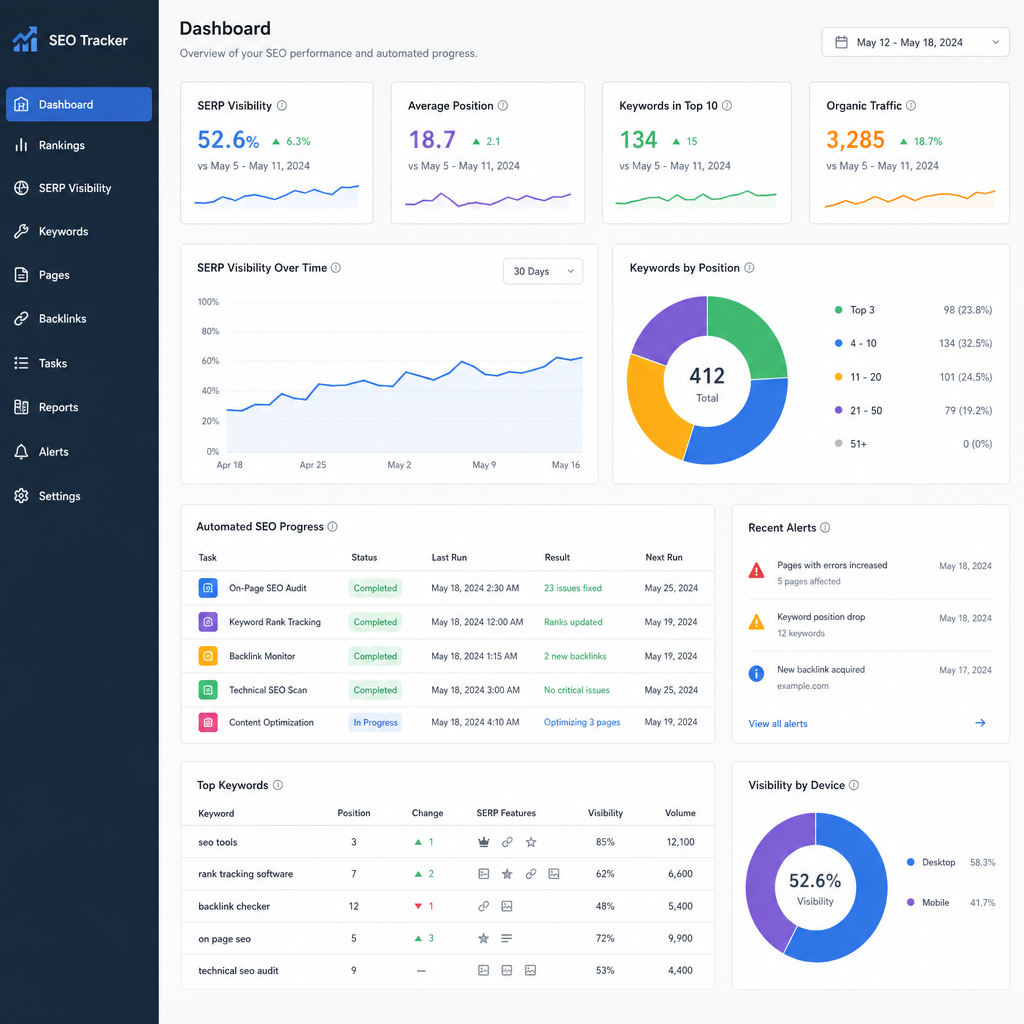 Dashboard showing SERP visibility metrics and automated SEO progress tracking tools