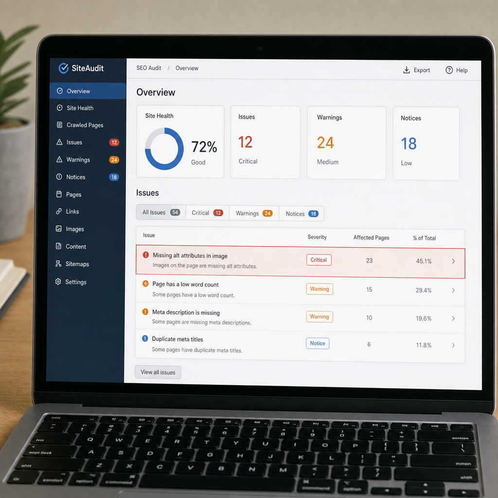 A laptop screen displaying an SEO audit tool highlighting missing alt attributes in English
