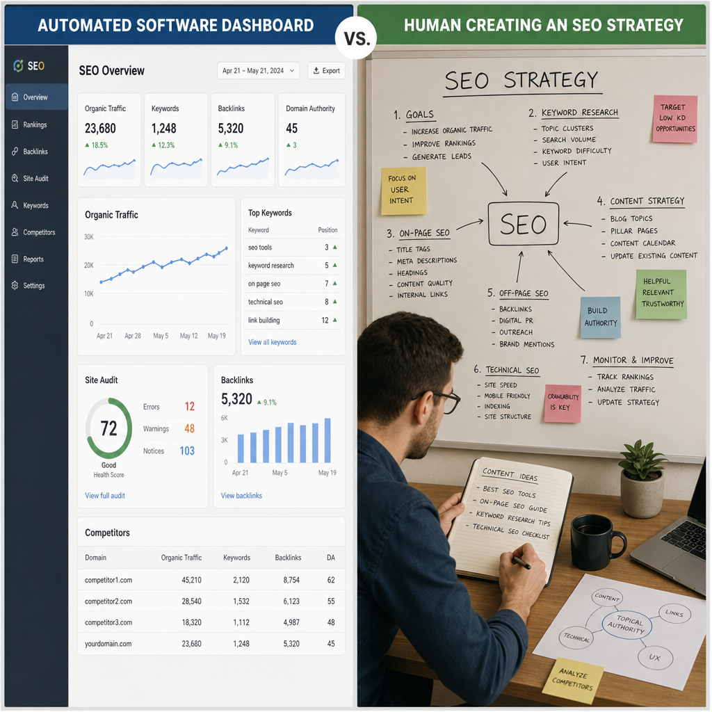 Side by side comparison of automated software dashboard versus a human creating an SEO strategy