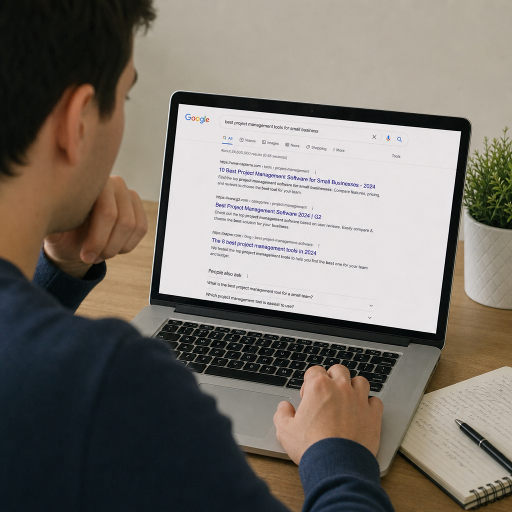 A user analyzing search engine results on a laptop screen