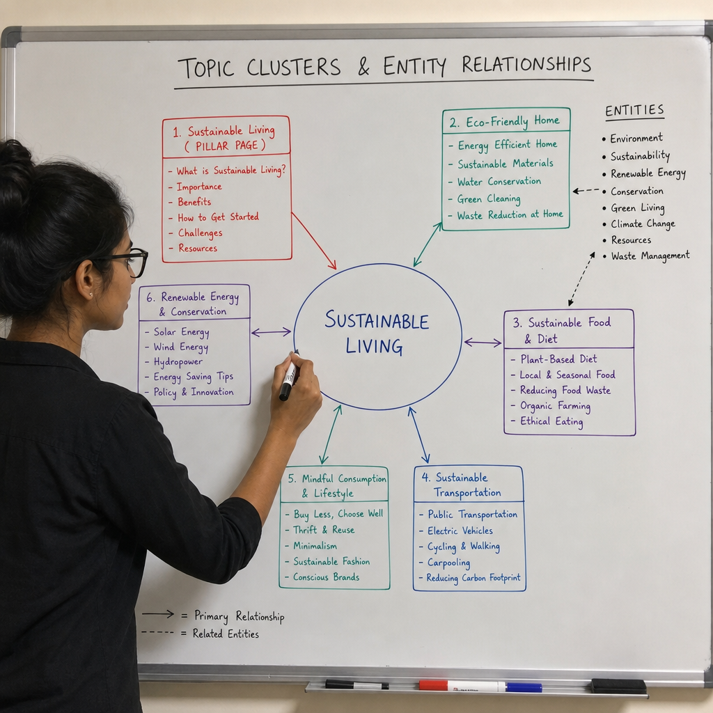 A content writer mapping out topic clusters and entity relationships on a whiteboard in ENGLISH