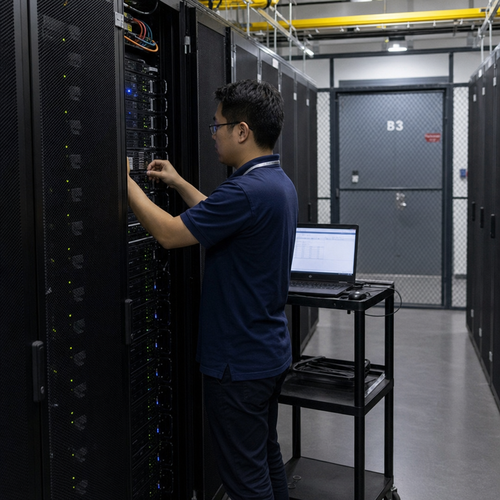A technician working on servers in a colocation data center facility