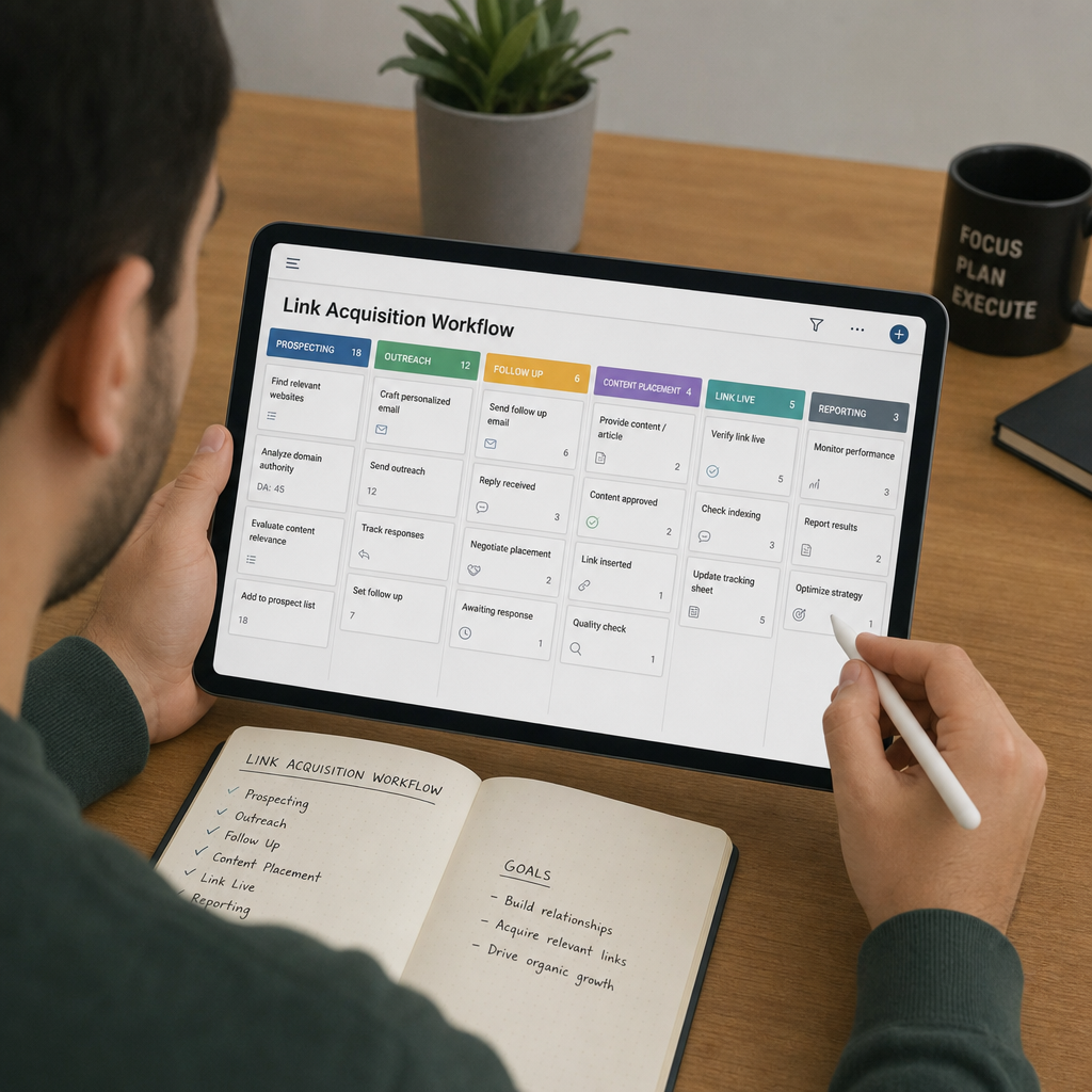 Digital marketer building a scalable link acquisition workflow using a kanban board on a tablet