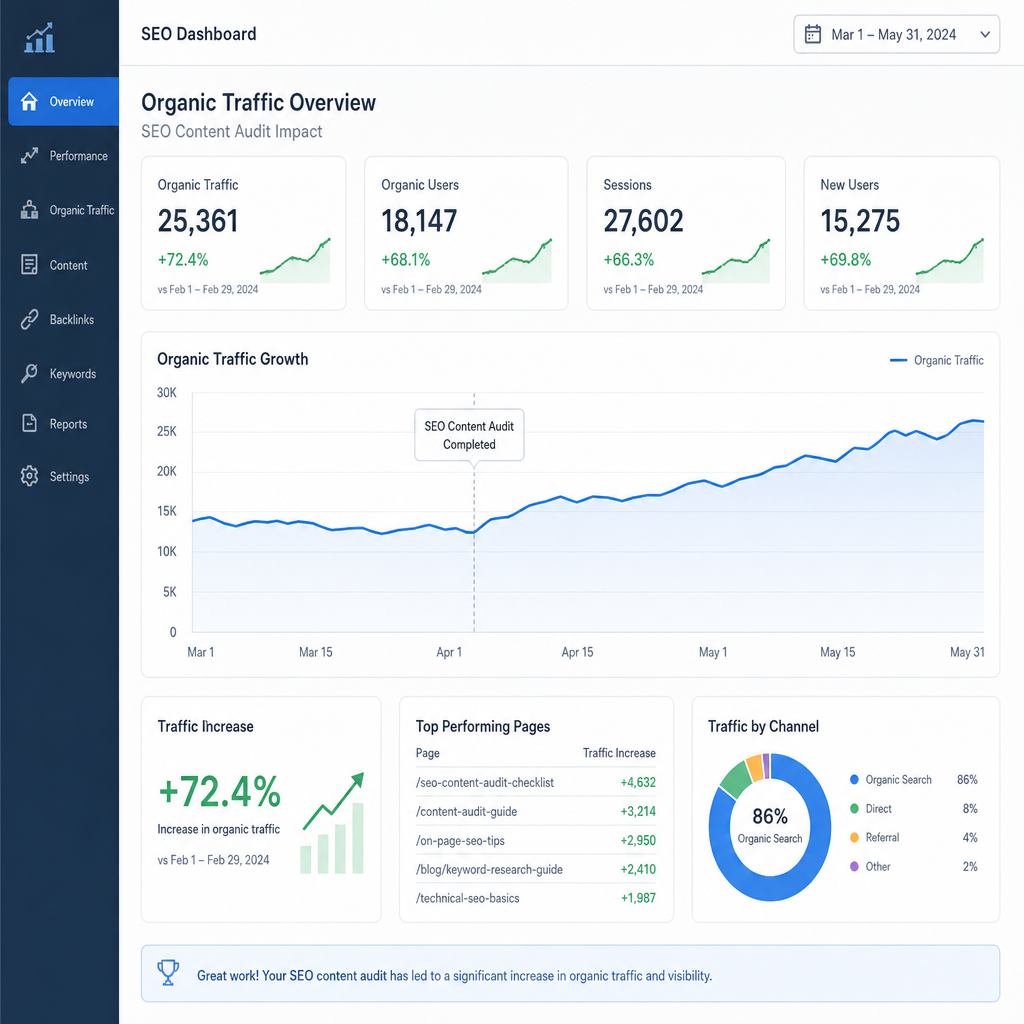 A dashboard displaying organic traffic growth after a successful SEO content audit