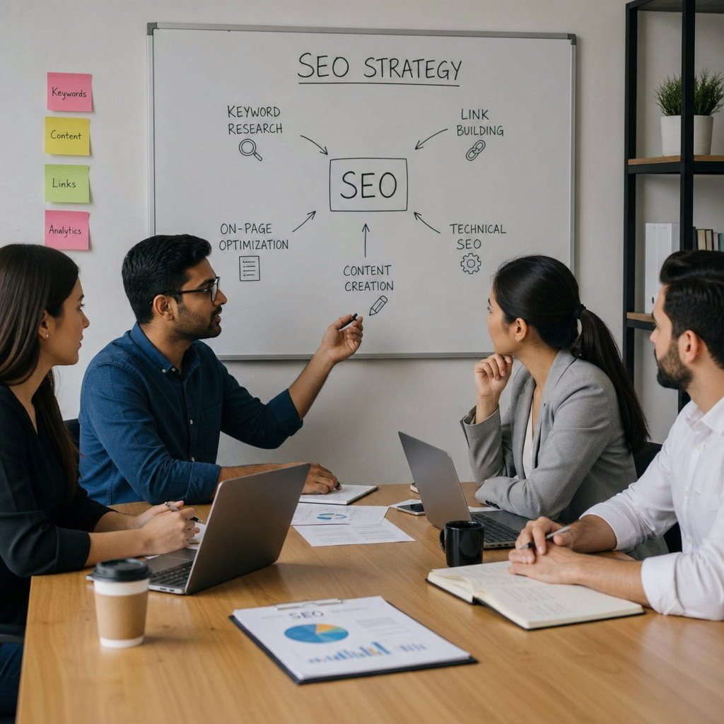 Professional team discussing SEO strategies