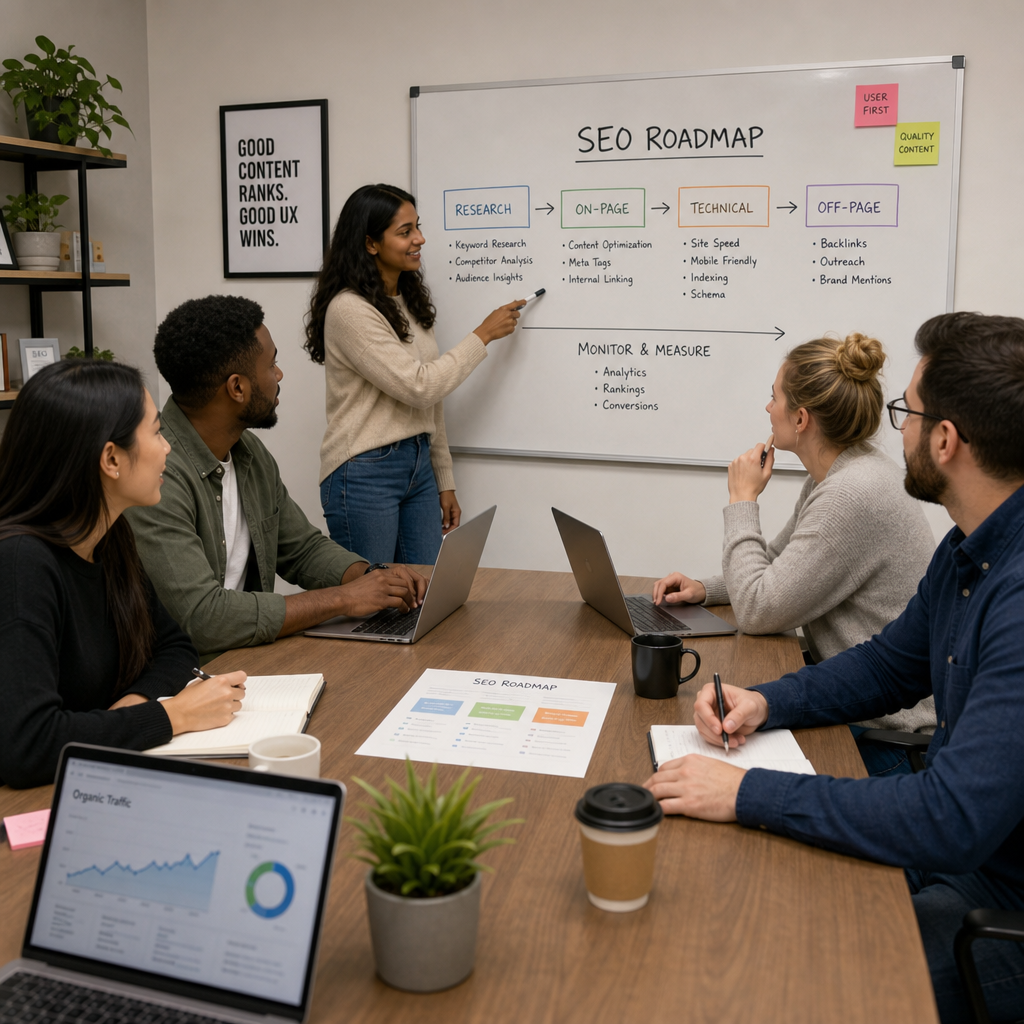 A diverse marketing team collaborating on an SEO roadmap strategy around a modern conference table