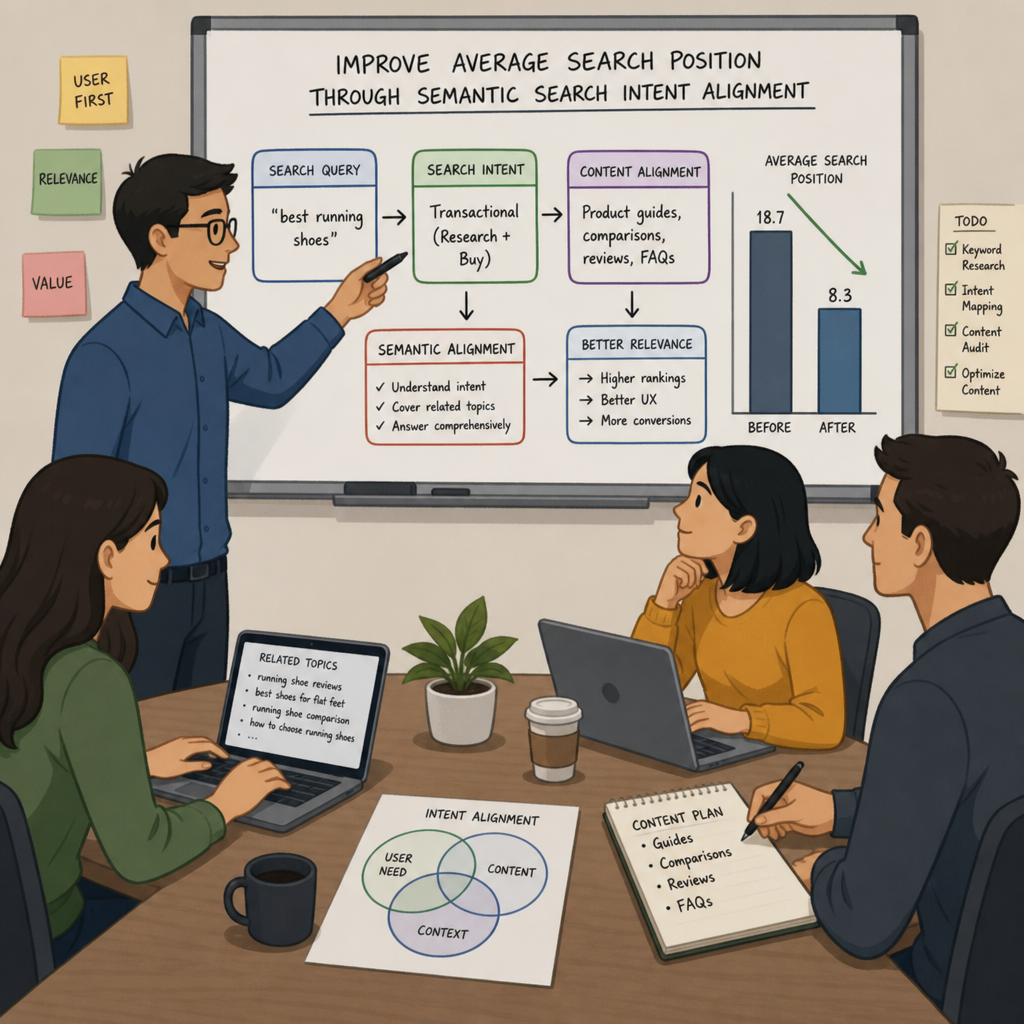 A team collaborating to improve average search position through semantic search intent alignment