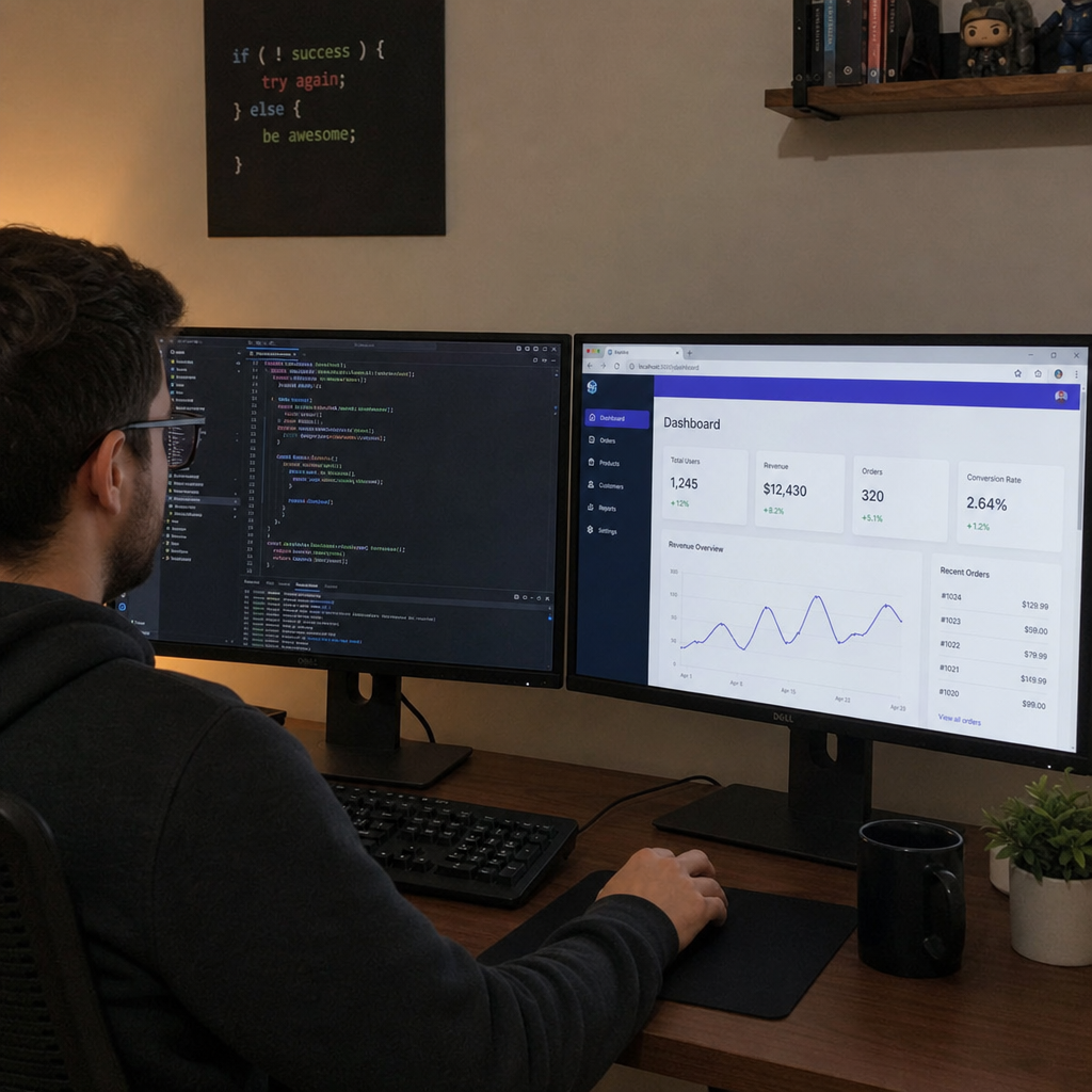 Developer looking at a dual monitor setup with code and a live application