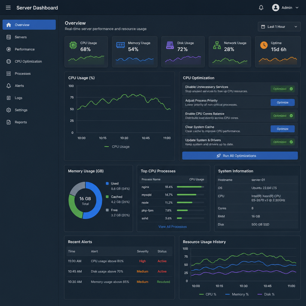 Dashboard interface showing server resource usage metrics and CPU optimization