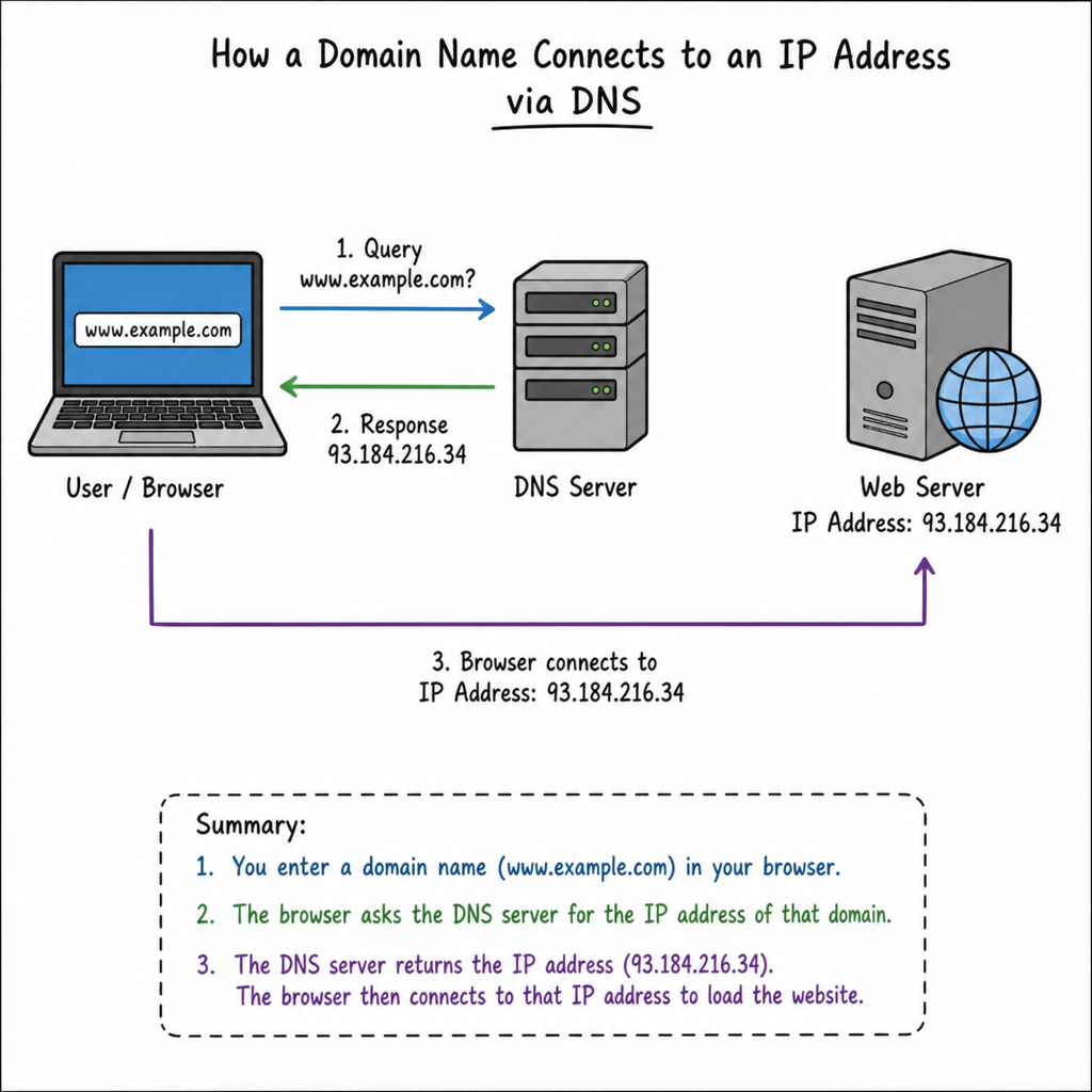 A conceptual illustration showing the connection between a domain name and an IP address via a DNS server