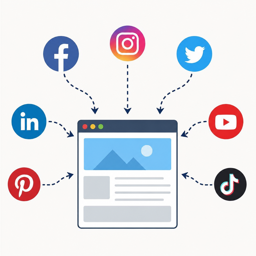 Illustration showing social media icons connecting to a webpage, symbolizing traffic flow