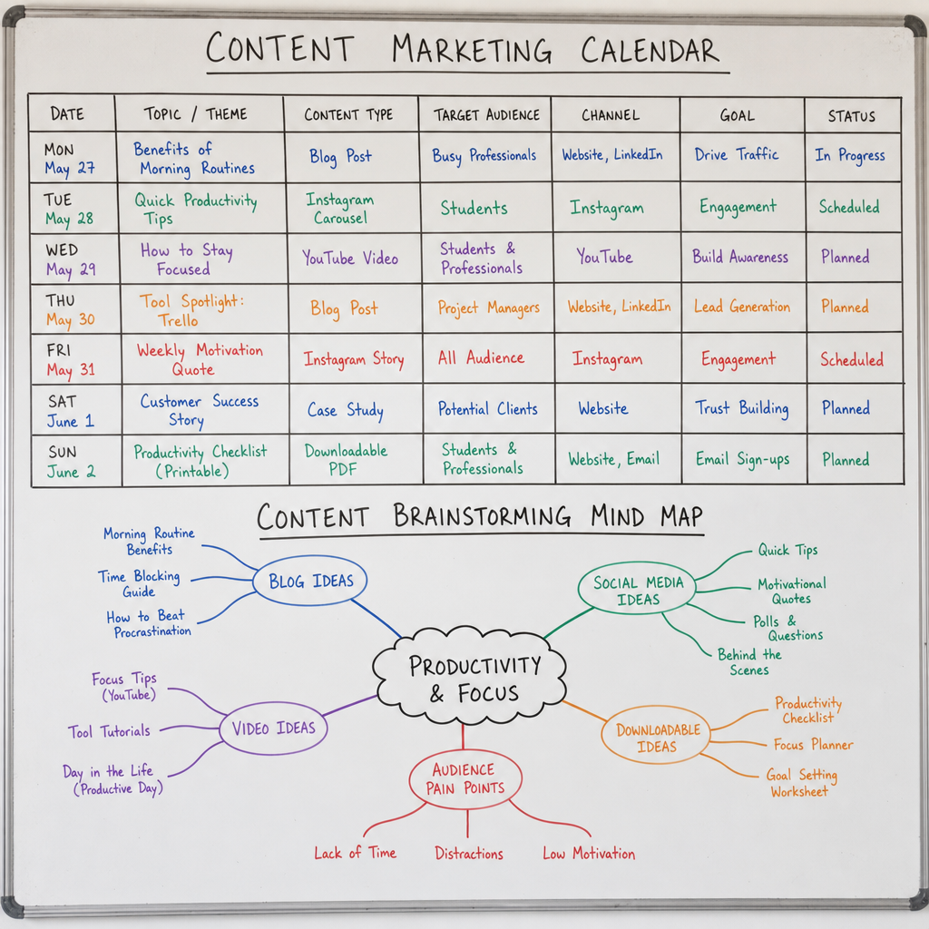 A content marketing calendar and brainstorming mind map on a whiteboard in ENGLISH