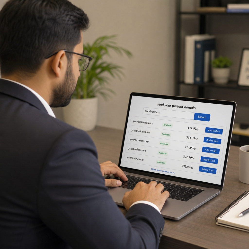 A professional typing on a laptop looking at domain registration options