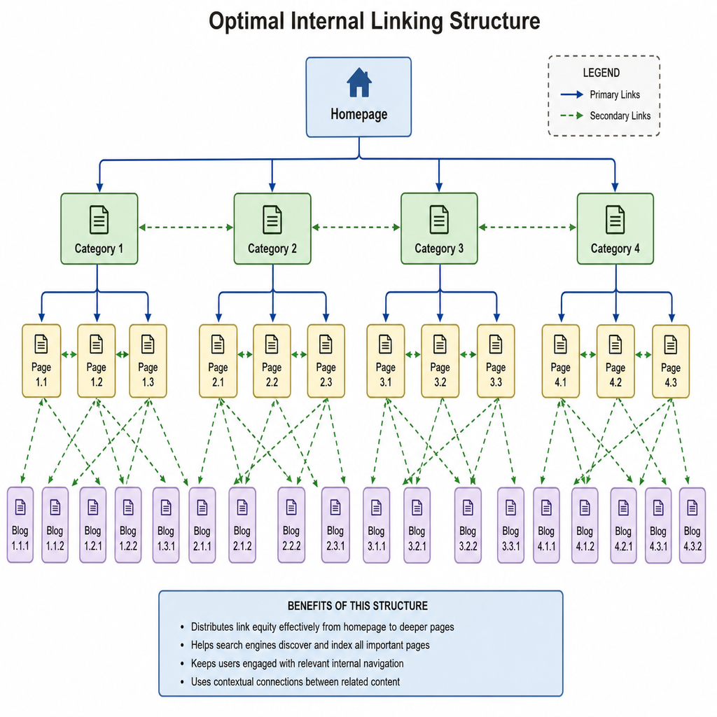 Visual diagram showing optimal internal linking structure connecting various web pages