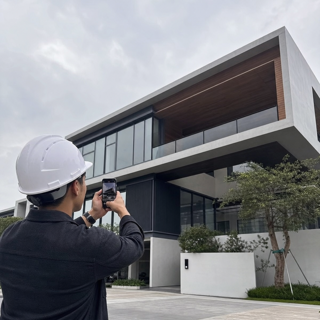 An architect taking a photo of a modern building structure to post on social media