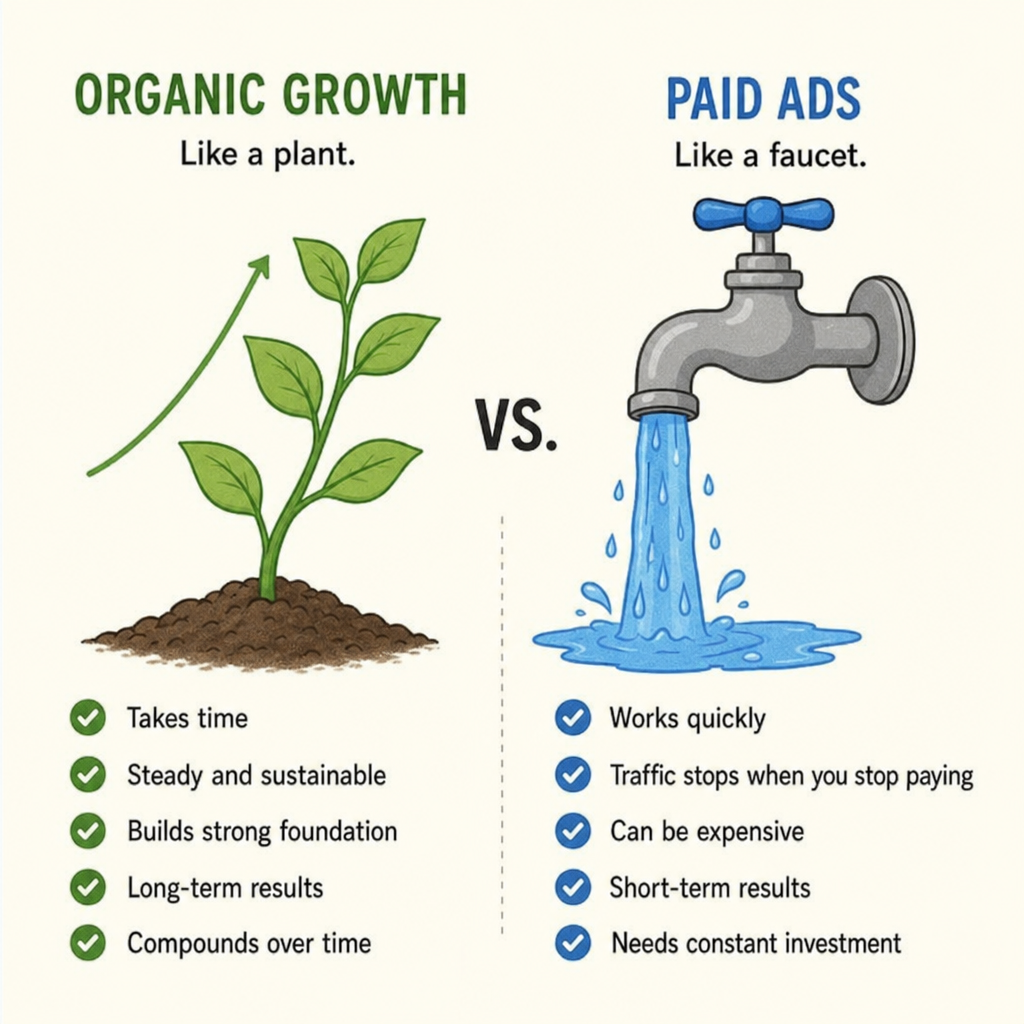 A comparison graphic showing a growing plant representing organic growth and a faucet representing paid ads in {English}