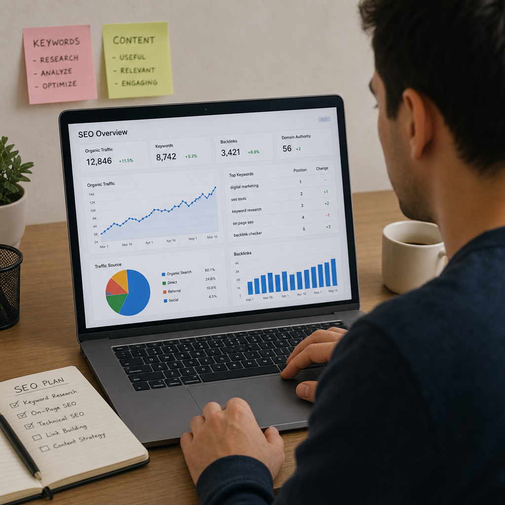 person analyzing SEO charts and analytics on a laptop