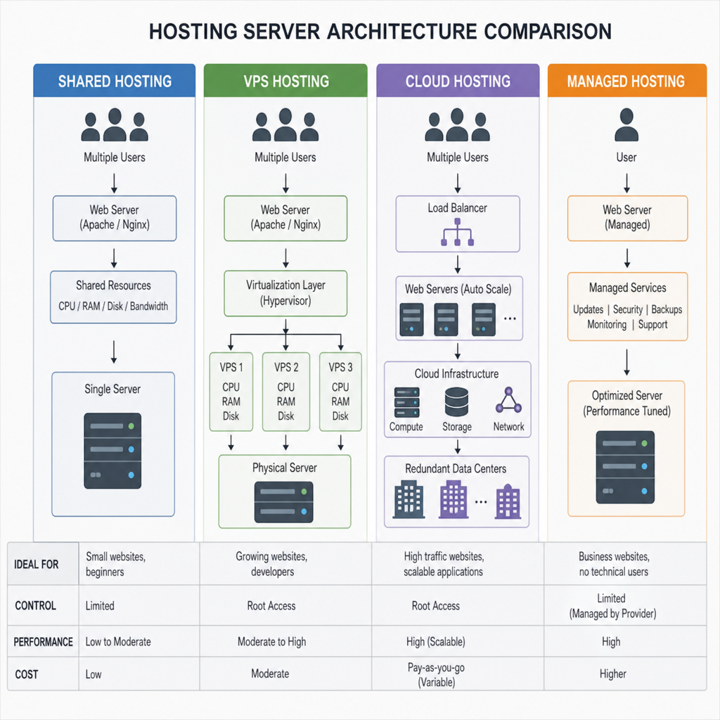 Comparison chart showing shared, VPS, cloud, and managed hosting server architectures
