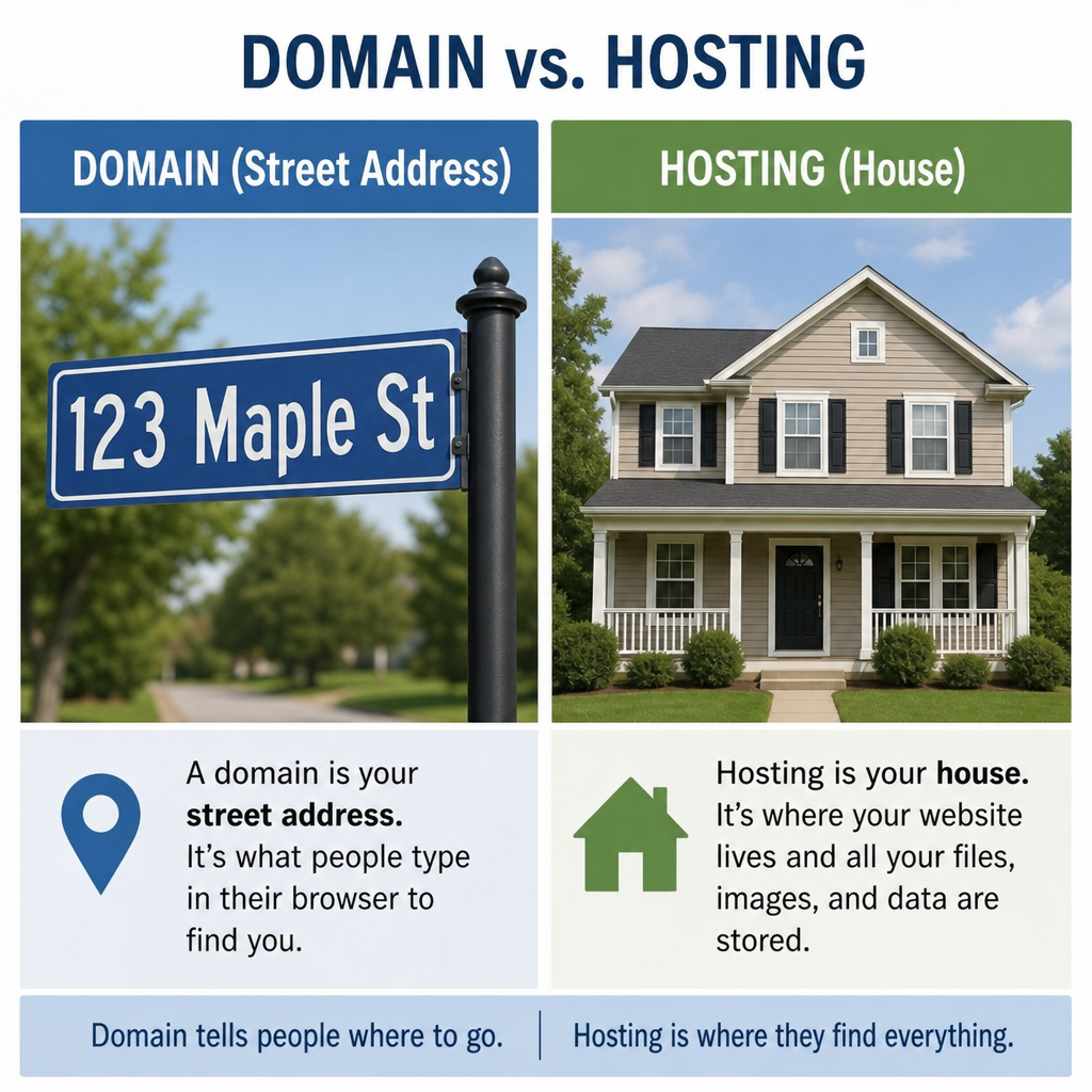 A side-by-side infographic comparing a street address sign to a physical house, representing domain and hosting in English