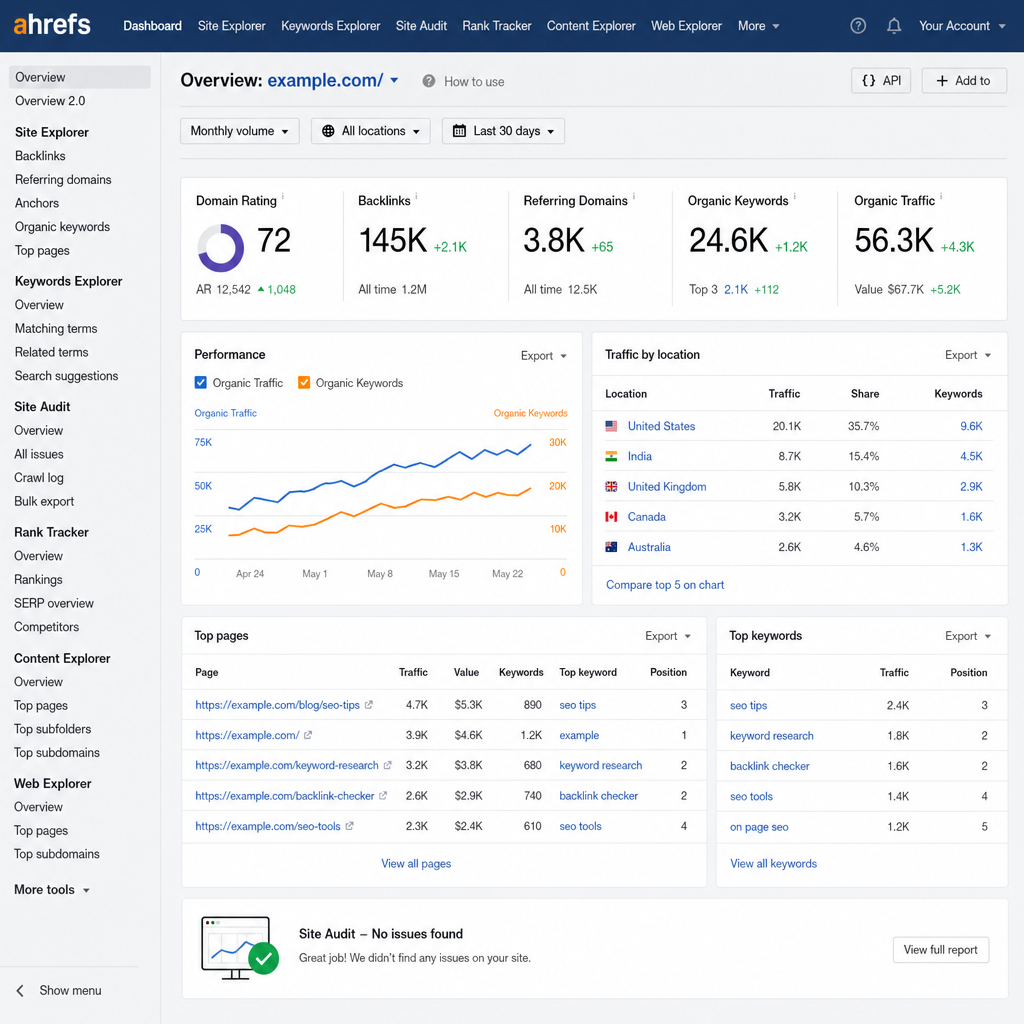 Dashboard overview of Ahrefs SEO tools showing site metrics like Domain Rating and Organic Traffic