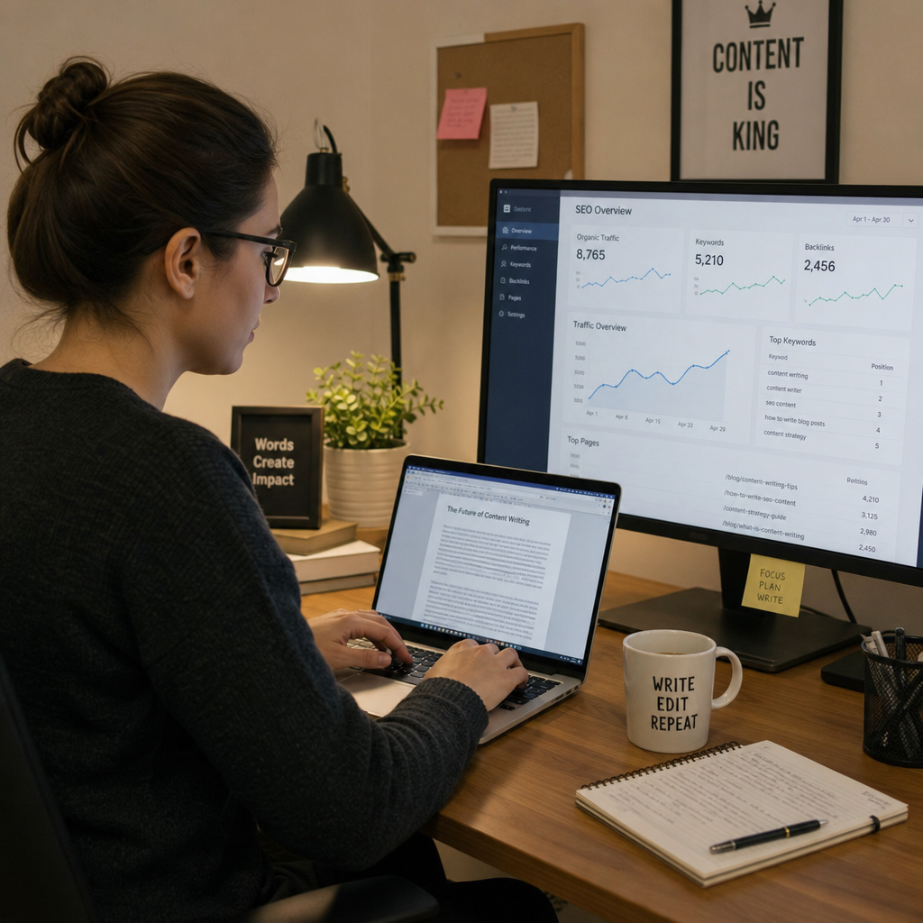 A professional writer working on a laptop, analyzing SEO data on a secondary screen