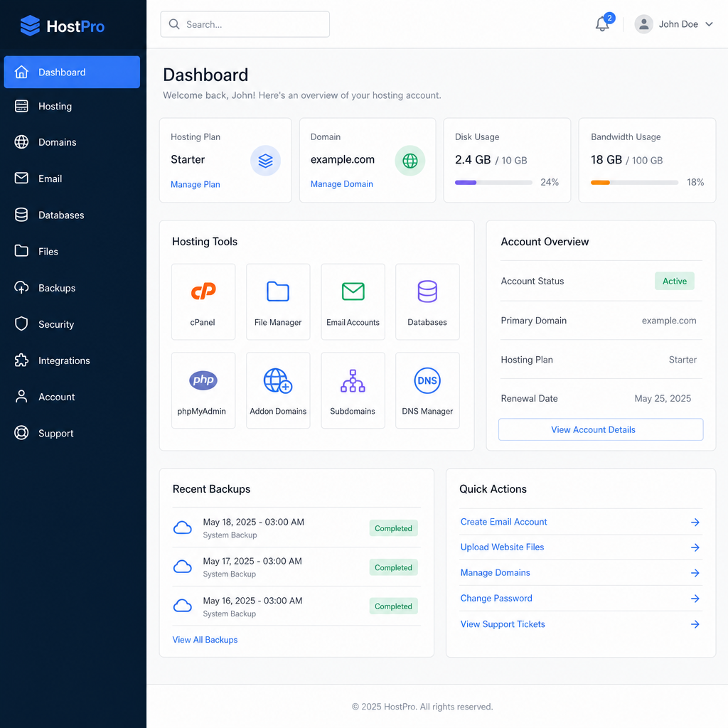 user navigating a clean and modern web hosting control panel