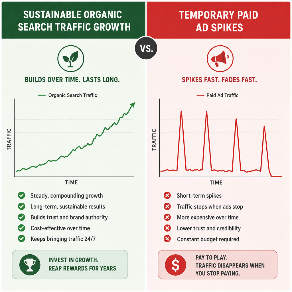 A split screen comparing sustainable organic search traffic growth versus temporary paid ad spikes in ENGLISH