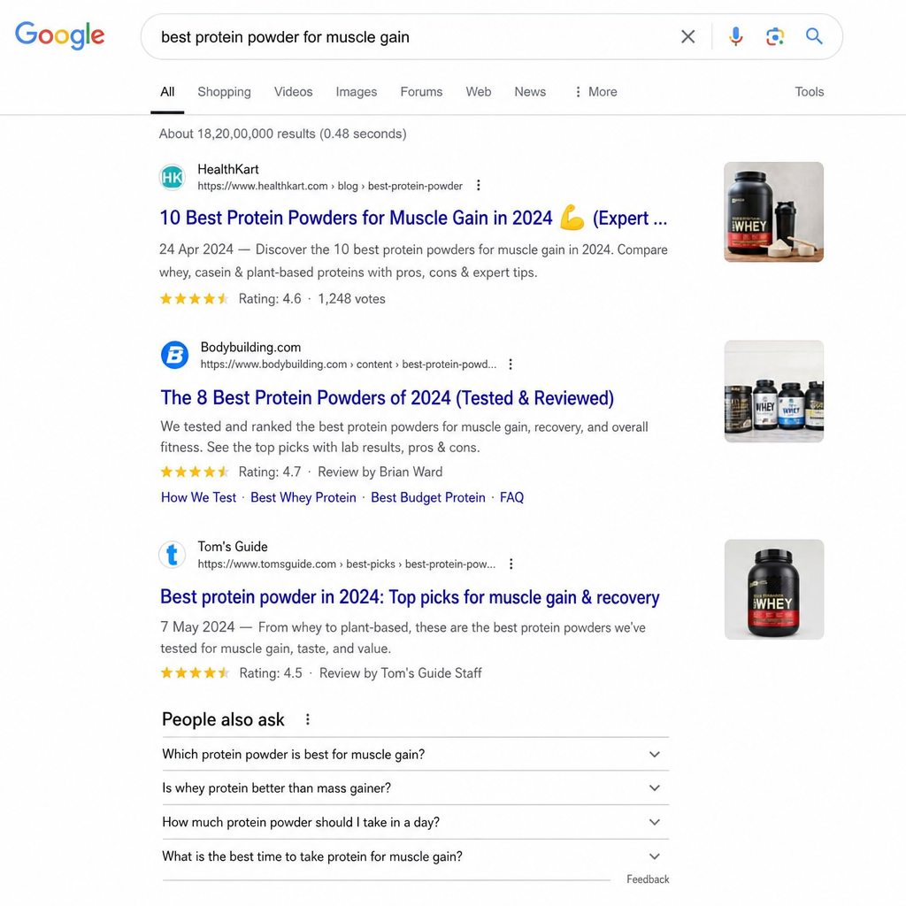 example of a search engine results page showing rich snippets and high CTR optimized titles