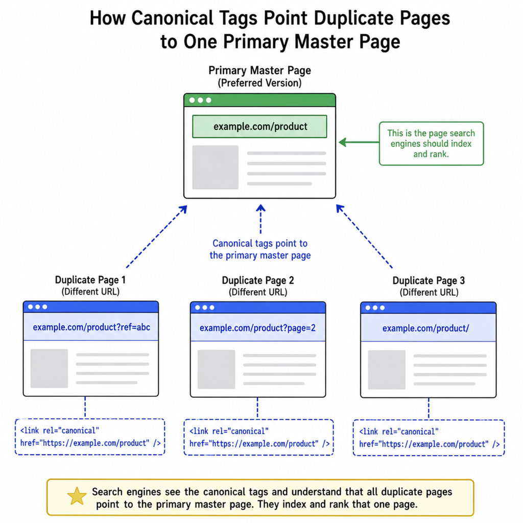 Diagram showing how canonical tags point duplicate pages to one primary master page