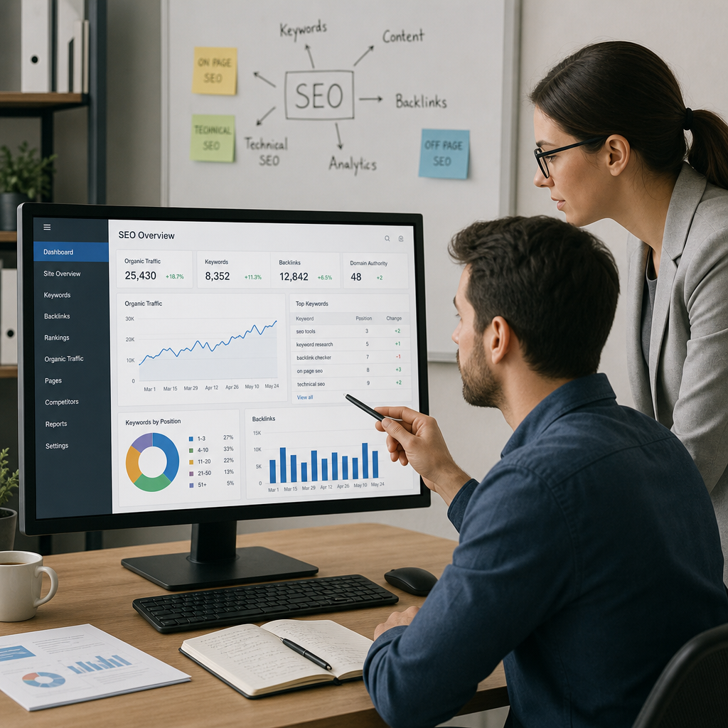 Professionals analyzing SEO data and charts on a computer screen in ENGLISH