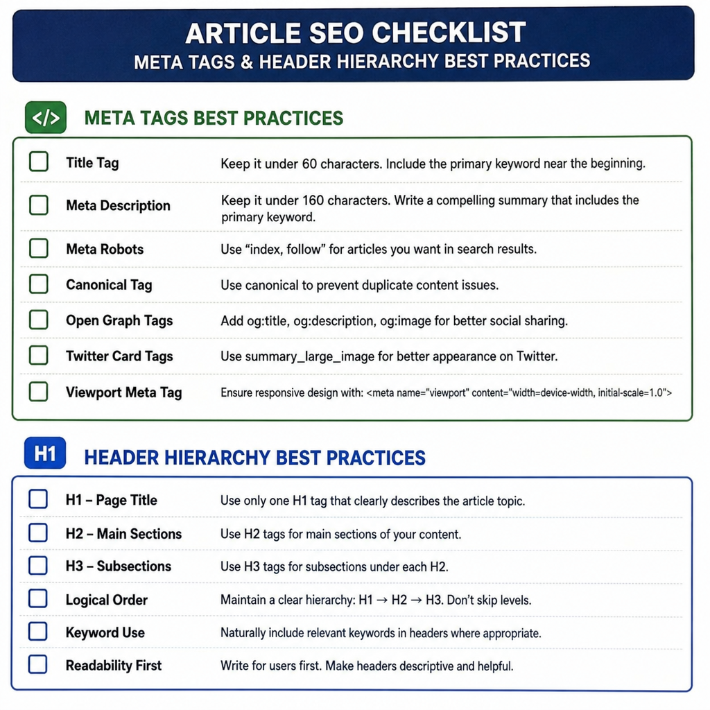 A checklist showing meta tags and header hierarchy best practices for an article