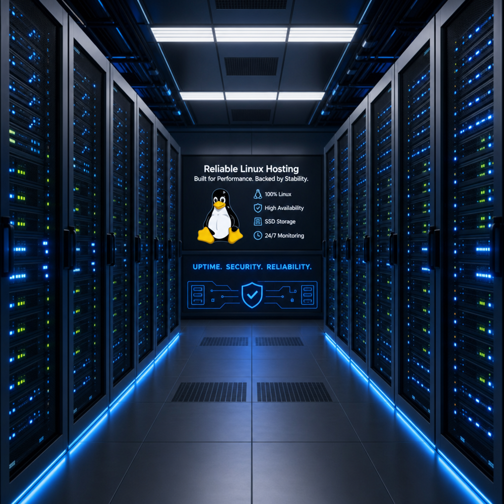 A futuristic server room illustrating reliable linux hosting infrastructure
