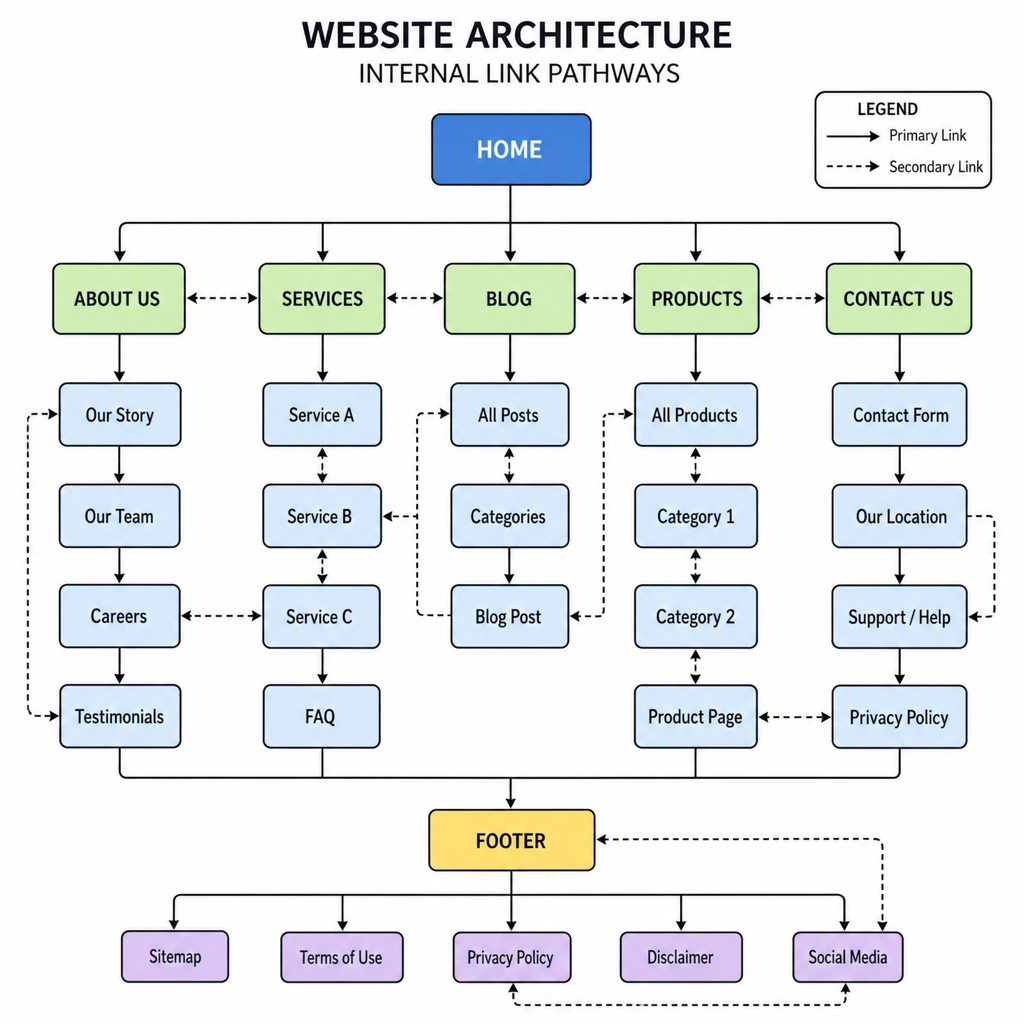 A graphical representation of website architecture showing internal link pathways in ENGLISH