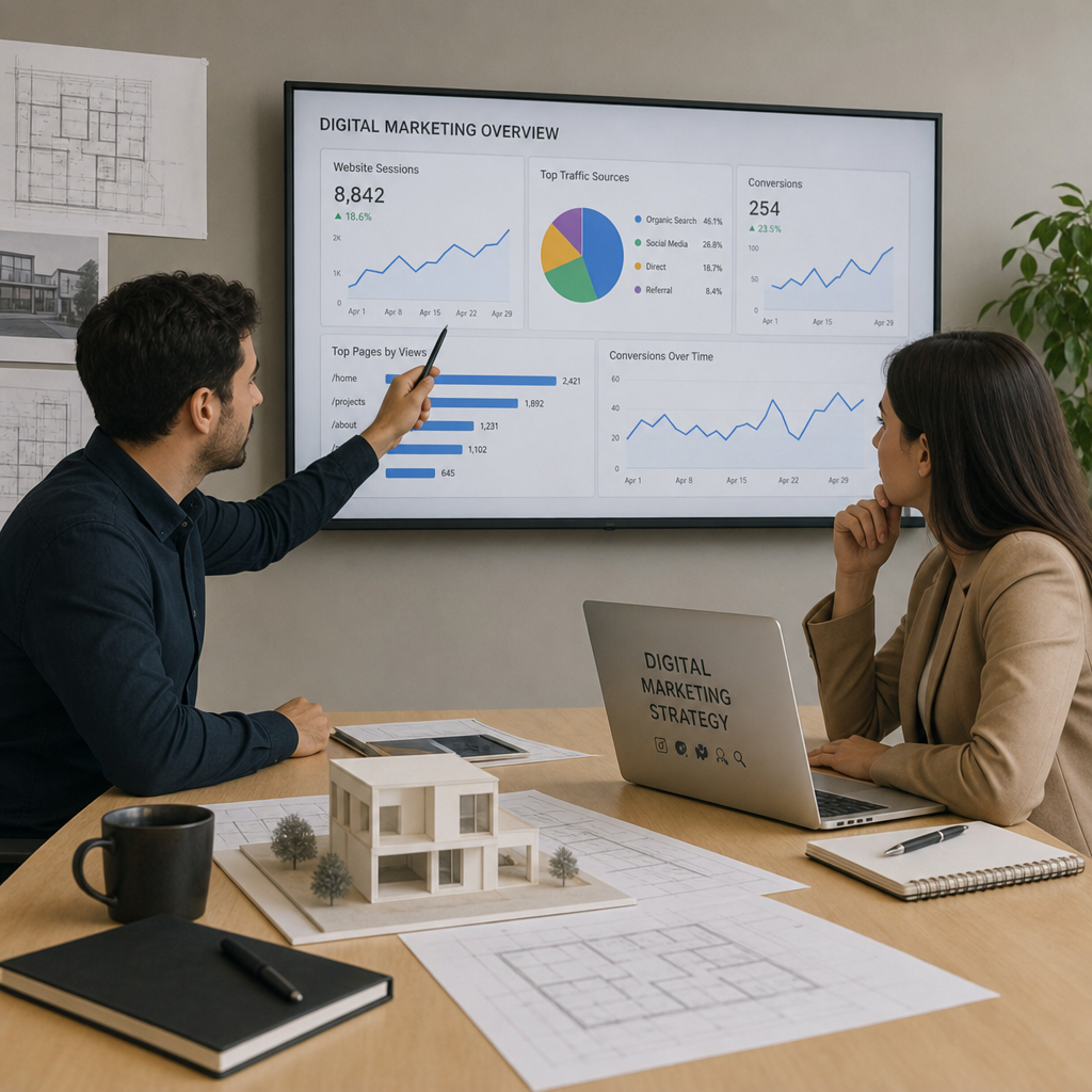 A collaborative meeting between an architect and a digital marketing specialist reviewing charts on a screen