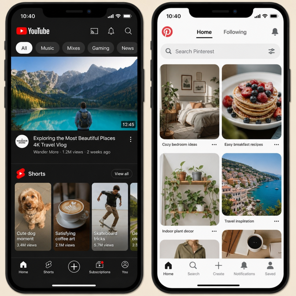 A collage showing the user interfaces of YouTube and Pinterest on a smartphone screen