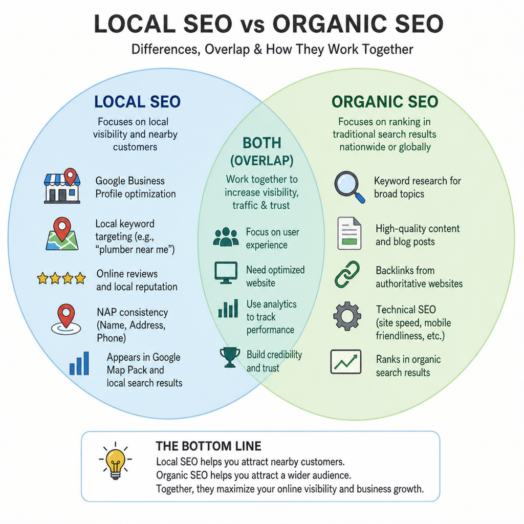 Comparison diagram highlighting the differences and overlap between local SEO and organic SEO