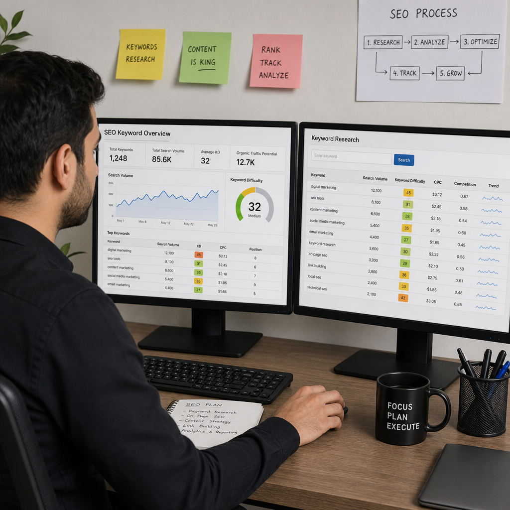 A digital marketer analyzing SEO keyword metrics on a dual-monitor setup in ENGLISH