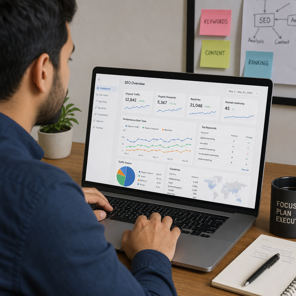 A professional digital marketer analyzing a website SEO performance dashboard on a laptop