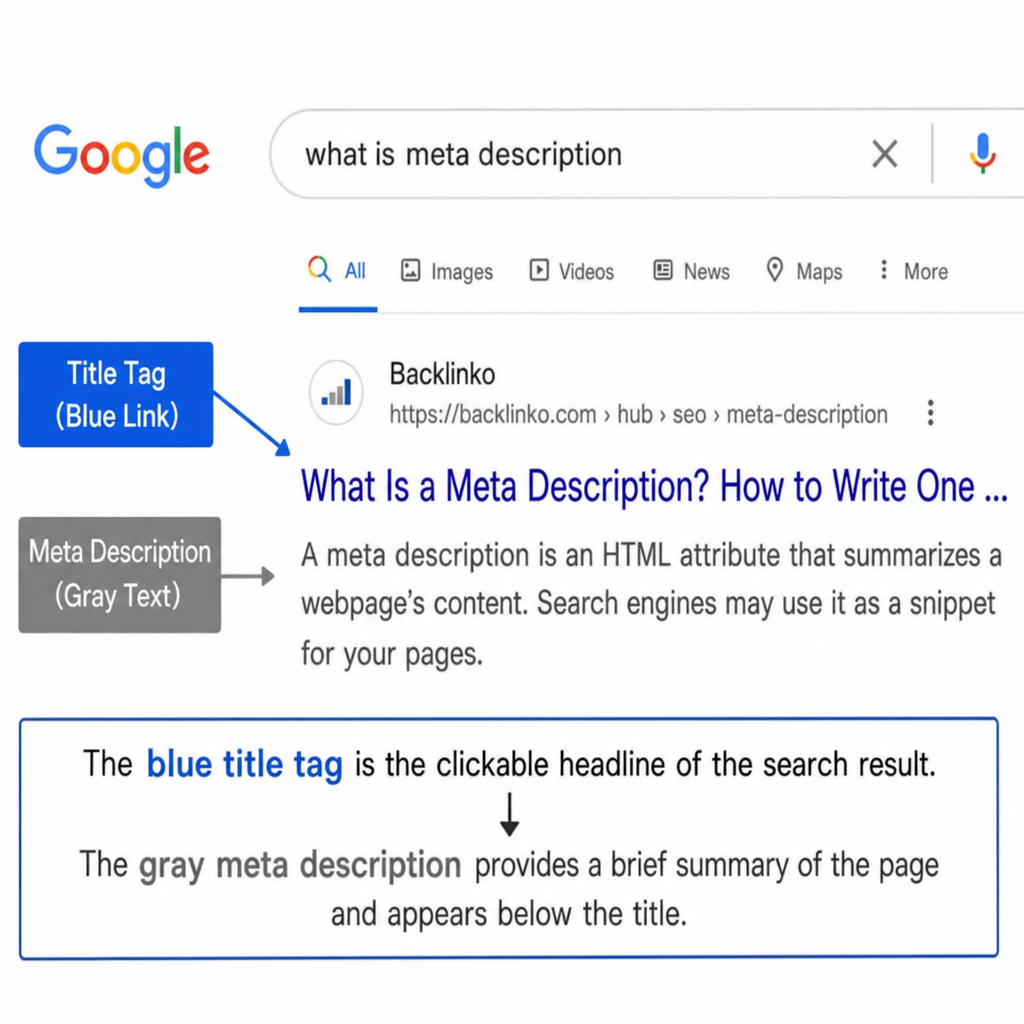 A close-up of a Google search snippet highlighting the relationship between the blue title tag and the gray meta description text below it in English