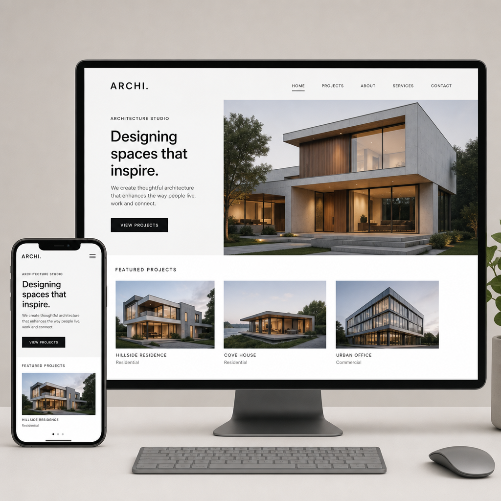 A clean, mobile-responsive architectural portfolio website displayed on a smartphone and desktop monitor