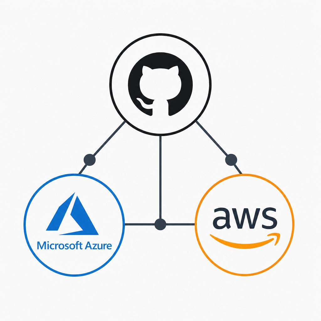 Graphic showing the logos of GitHub, Microsoft Azure, and AWS connected by nodes