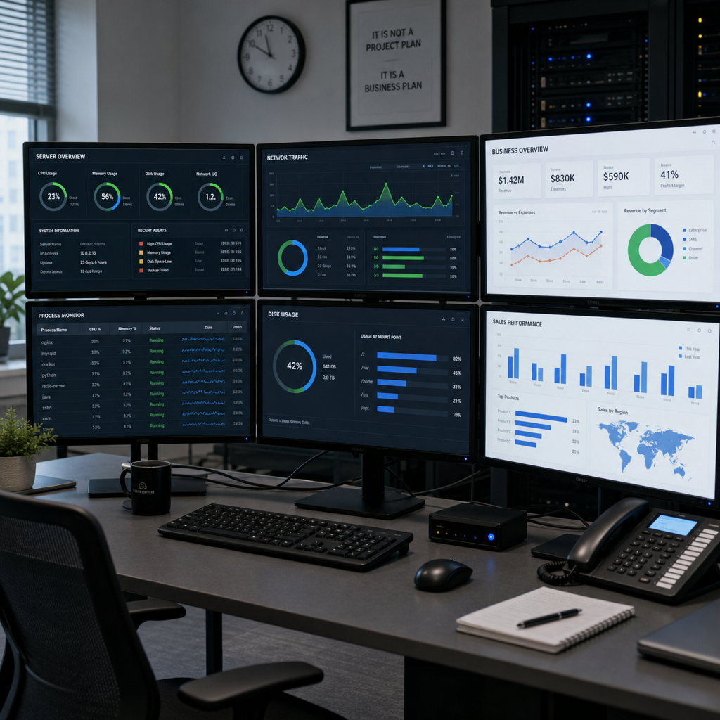 A professional workspace with multiple monitors displaying server analytics and business charts