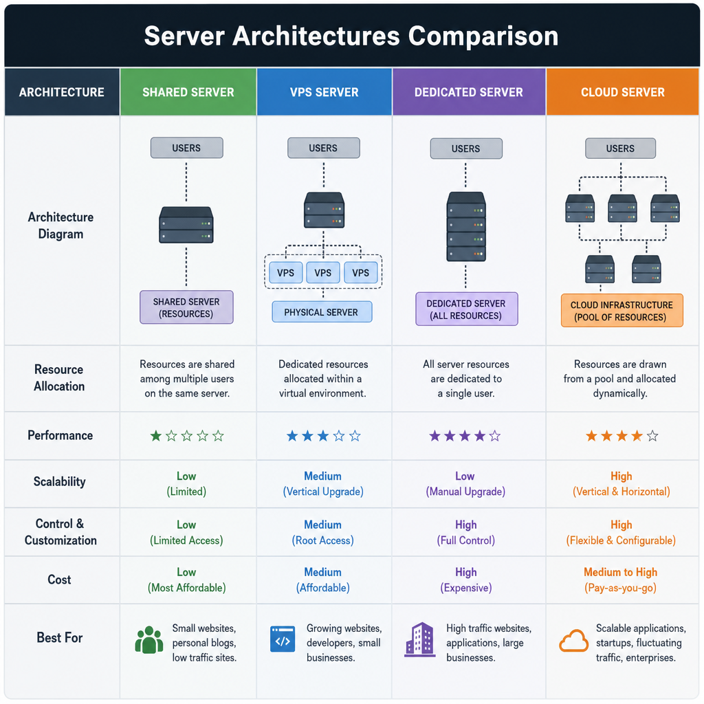 A dashboard graphic comparing Shared, VPS, Dedicated, and Cloud server architectures
