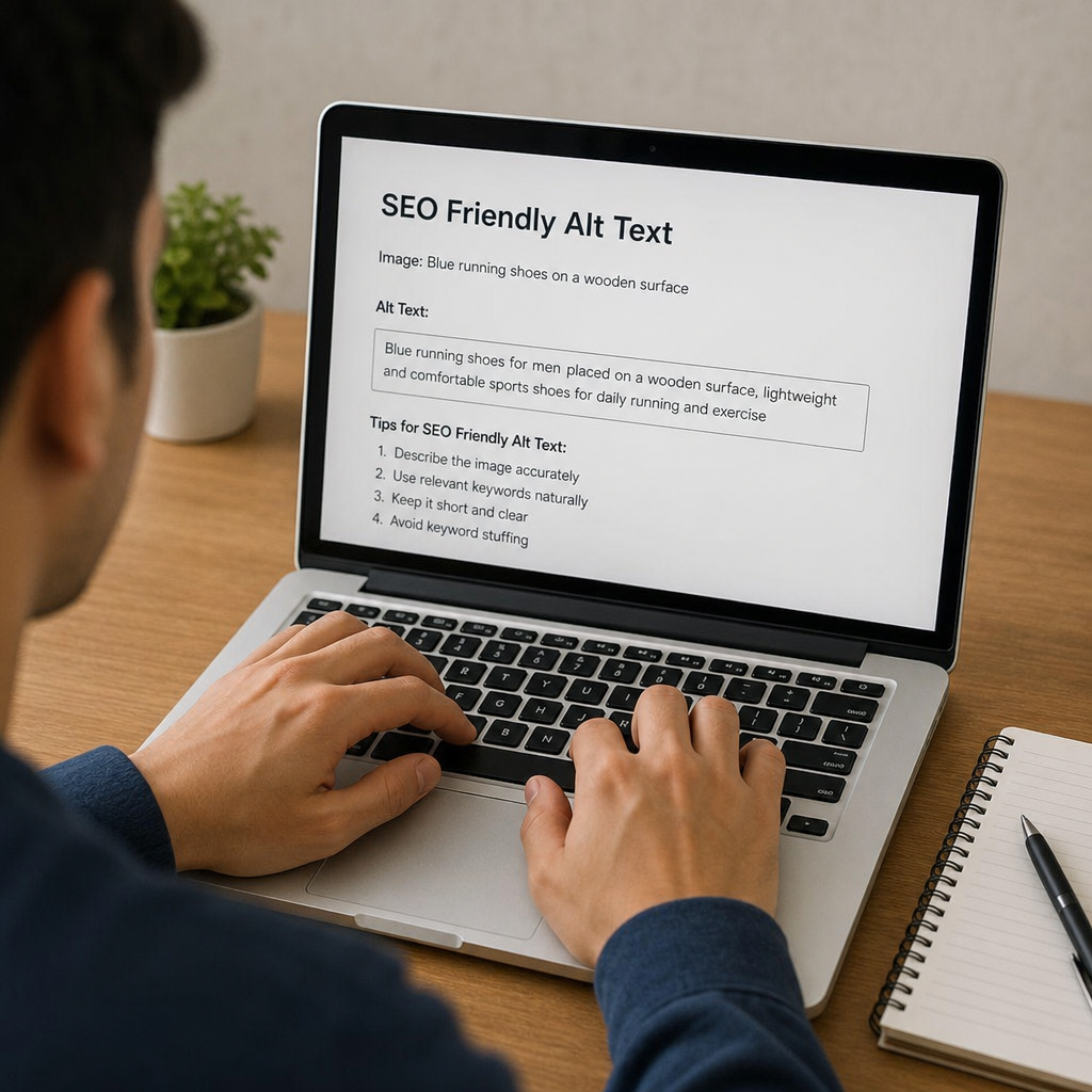 A person typing on a laptop keyboard creating SEO friendly alt text in English