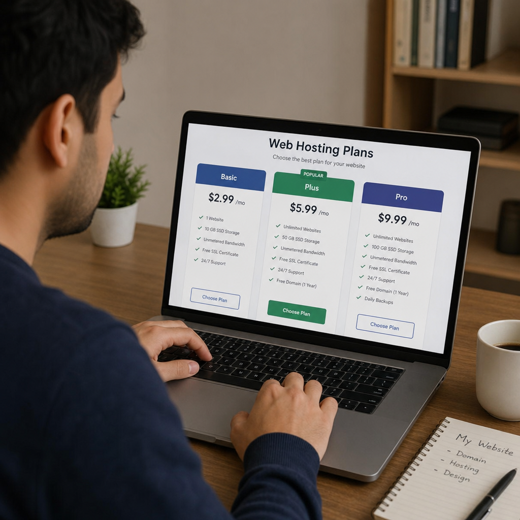 A person working on a laptop comparing web hosting plans on the screen