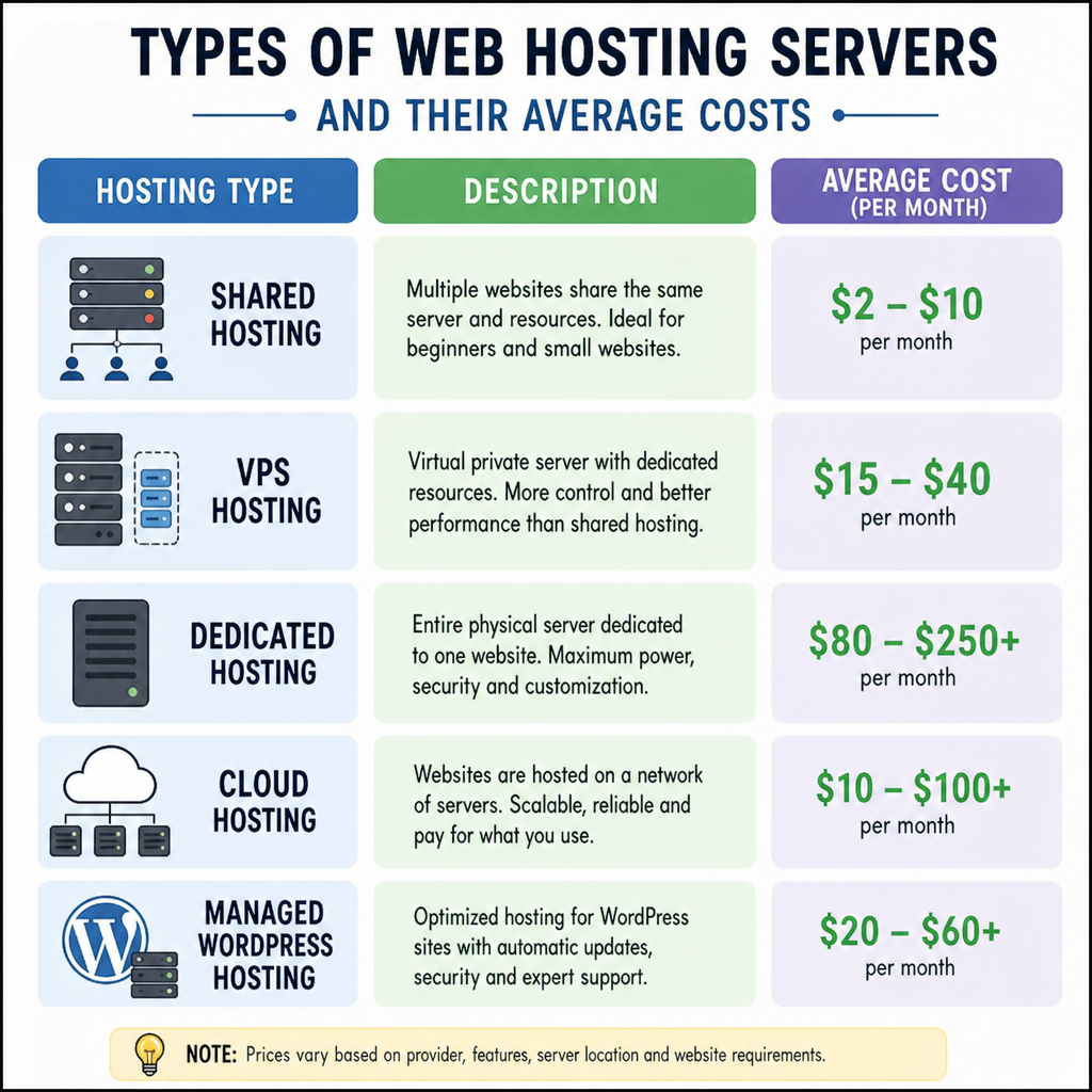 An infographic showing different types of web hosting servers and their average costs