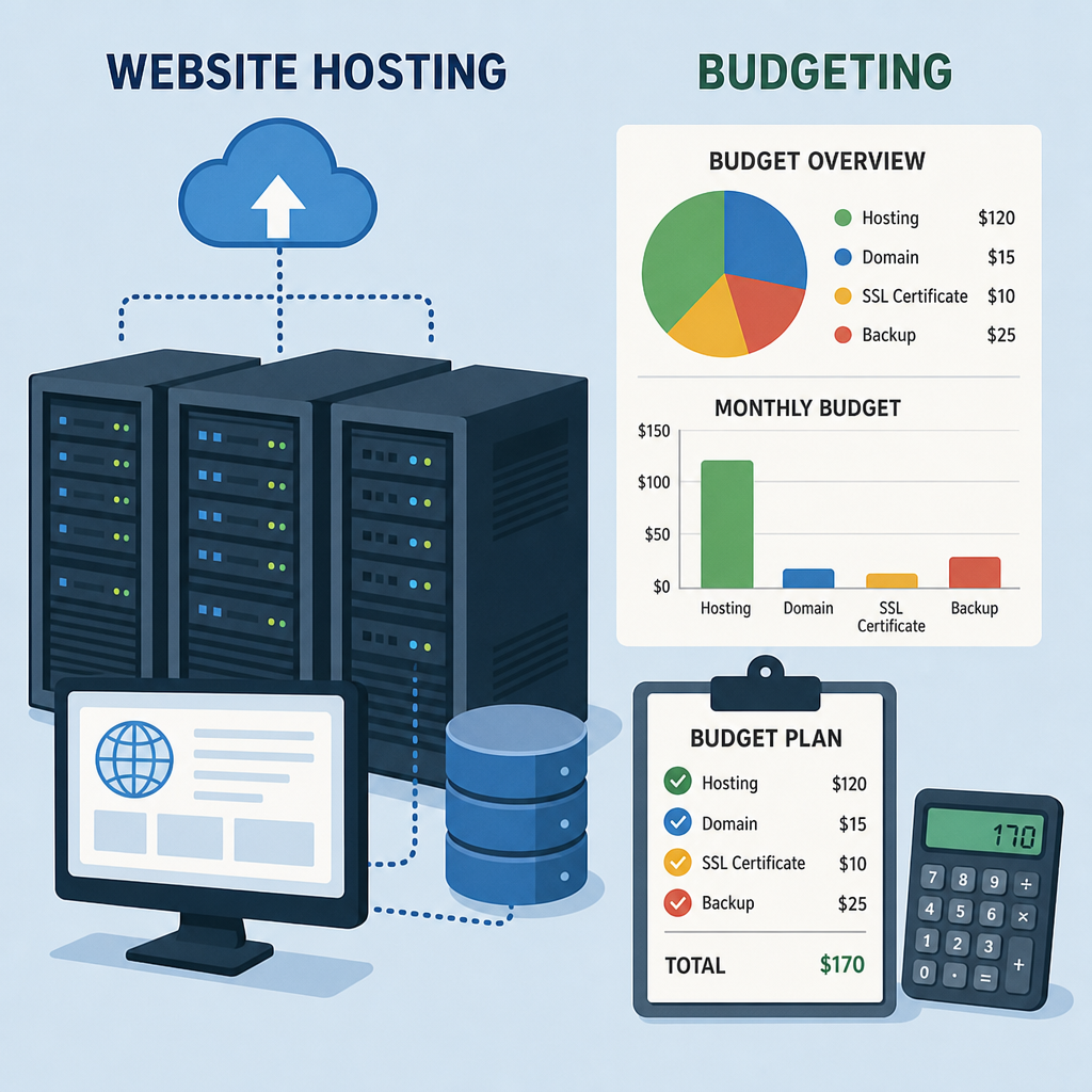 A visual representation of website hosting servers and budgeting charts