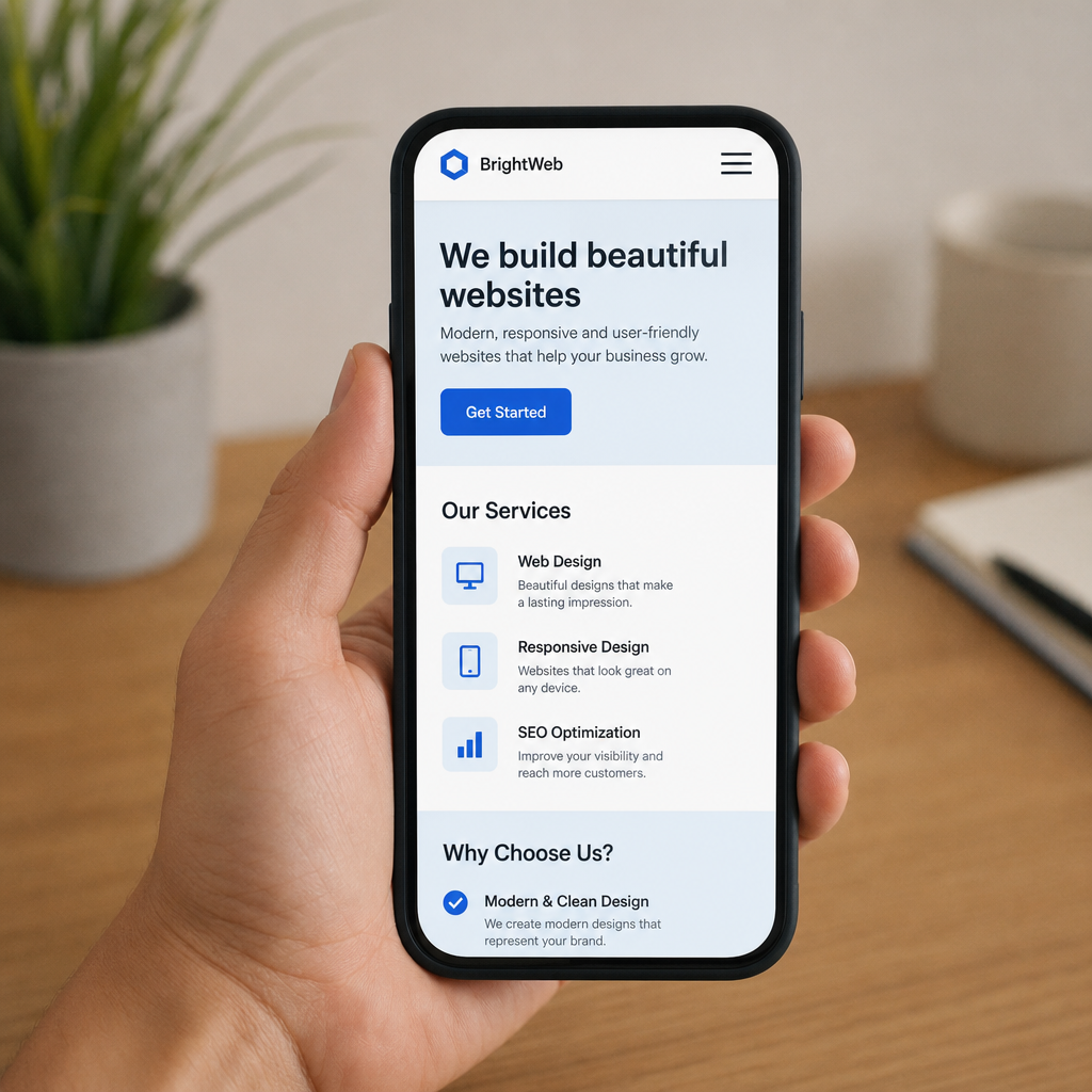 A person holding a smartphone showing a responsive, mobile-friendly website design in {English}