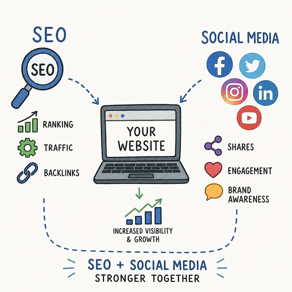 Conceptual illustration showing SEO and social media integration