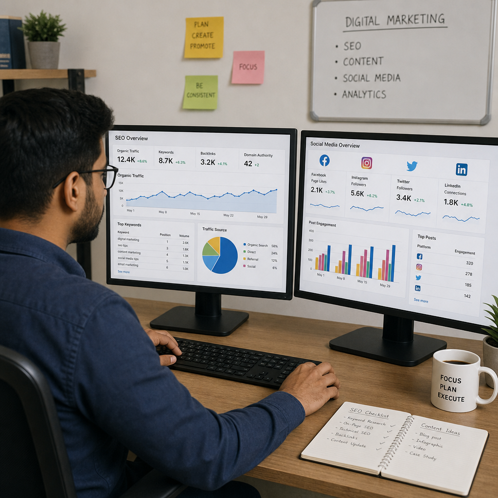 A digital marketer analyzing SEO and social media metrics on a dual-monitor setup